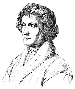 Portrait of Bertel Thorvaldsen - a Danish sculptor and medalist of international fame who spent most of his life in Italy. Illustration of the 19th century. White background.