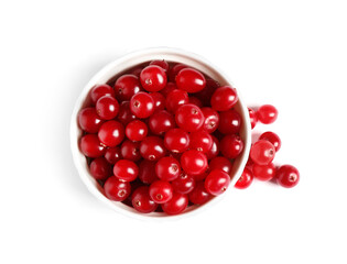 Fresh ripe cranberries on white background, top view