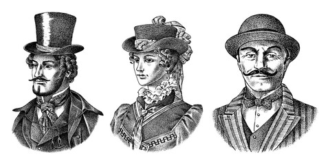Victorian and woman gentleman with hat and mustache. Belgian Man and lady in vintage retro style. Vector illustration. Antique old monochrome character. Hand drawn engraved retro sketch. © artbalitskiy