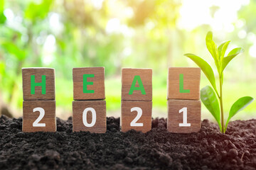 Year 2021 healing, hope, growth, life renewal, new beginnings and recovery concept. Wooden blocks...