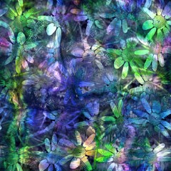 Seamless abstract color blobs with floral flower pattern overlay. High quality illustration. Painterly dye-like blue purple and green bleed watery background color with beautiful pattern overlay.