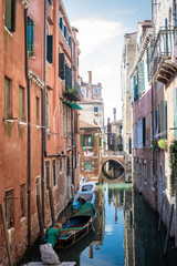Grand canal for gondola in travel europe city. Old italian architecture with landmark bridge, romantic boat. Venezia. Italy, Venice.
