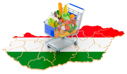 Purchasing power in Hungary concept. Shopping cart with Hungarian map, 3D rendering