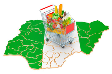 Purchasing power in Nigeria concept. Shopping cart with Nigerian map, 3D rendering