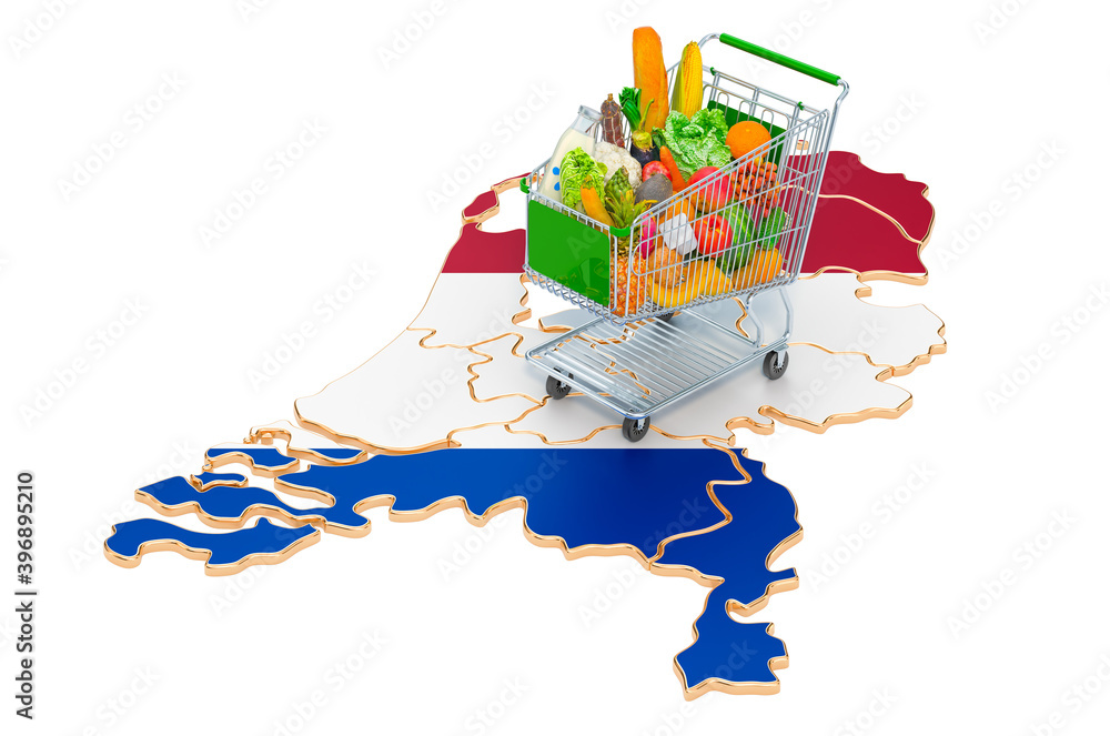 Poster purchasing power in the netherlands concept. shopping cart with holland map, 3d rendering