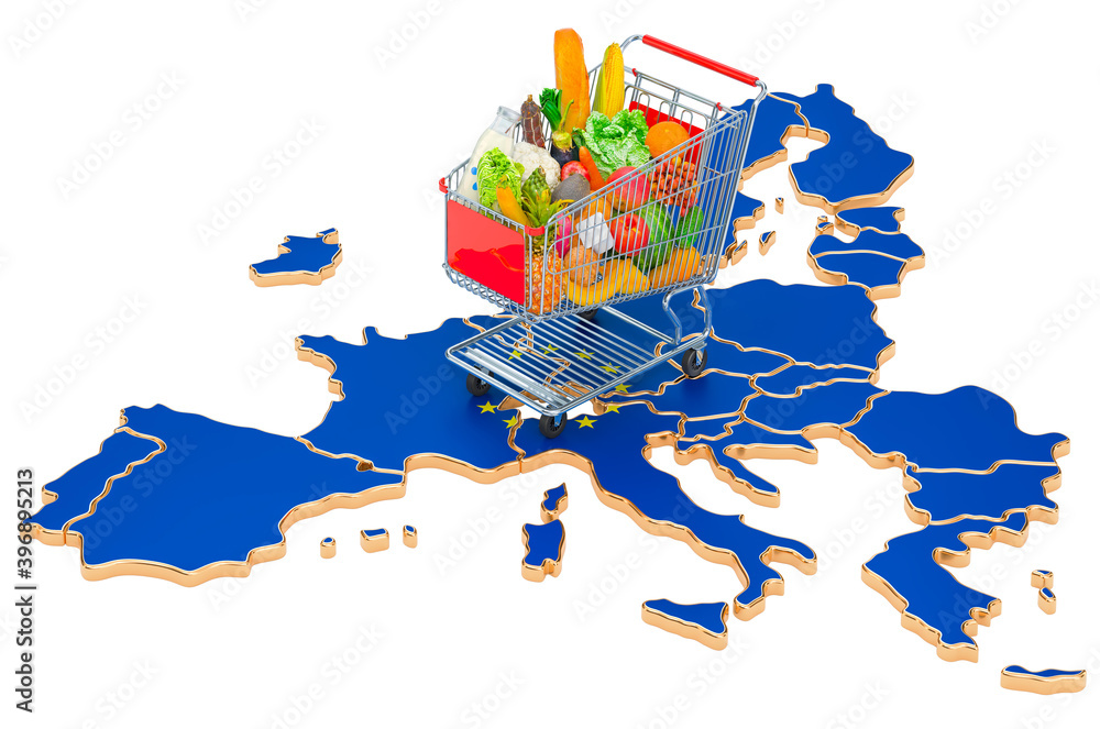 Poster purchasing power in the european union the concept. shopping cart with the eu map, 3d rendering