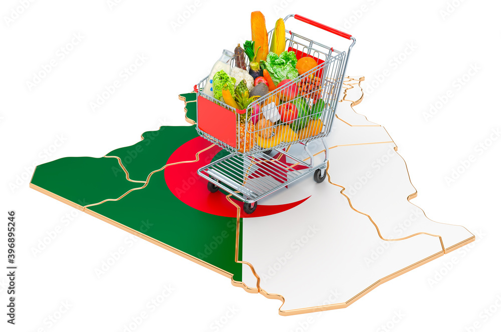 Poster purchasing power in algeria concept. shopping cart with algiers map, 3d rendering
