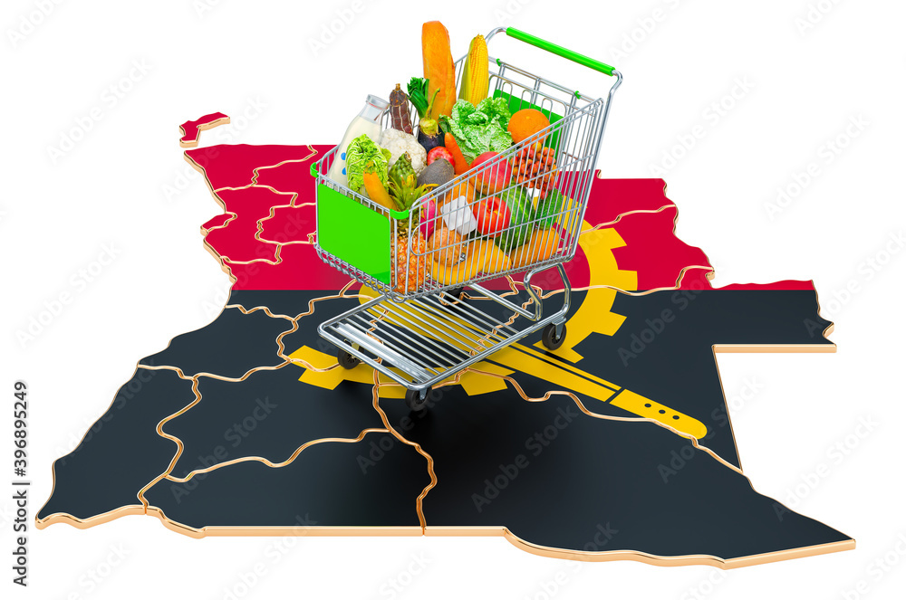 Poster purchasing power in angola concept. shopping cart with angolan map, 3d rendering