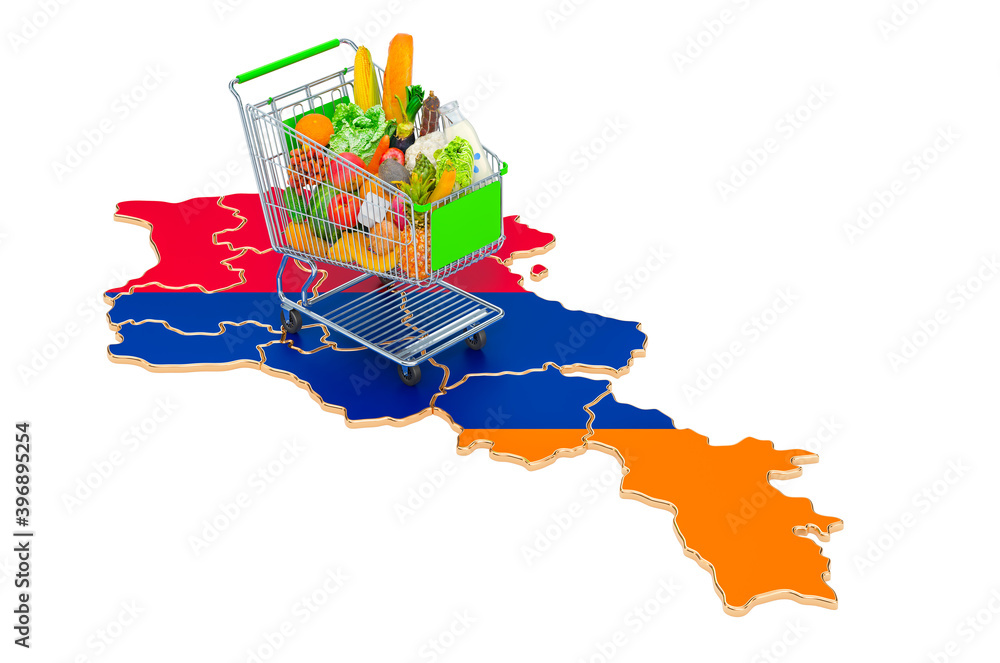 Poster purchasing power in armenia concept. shopping cart with armenian map, 3d rendering
