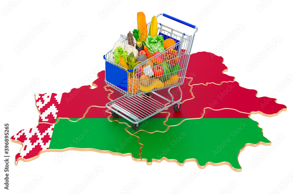 Poster purchasing power in belarus concept. shopping cart with belorussian map, 3d rendering