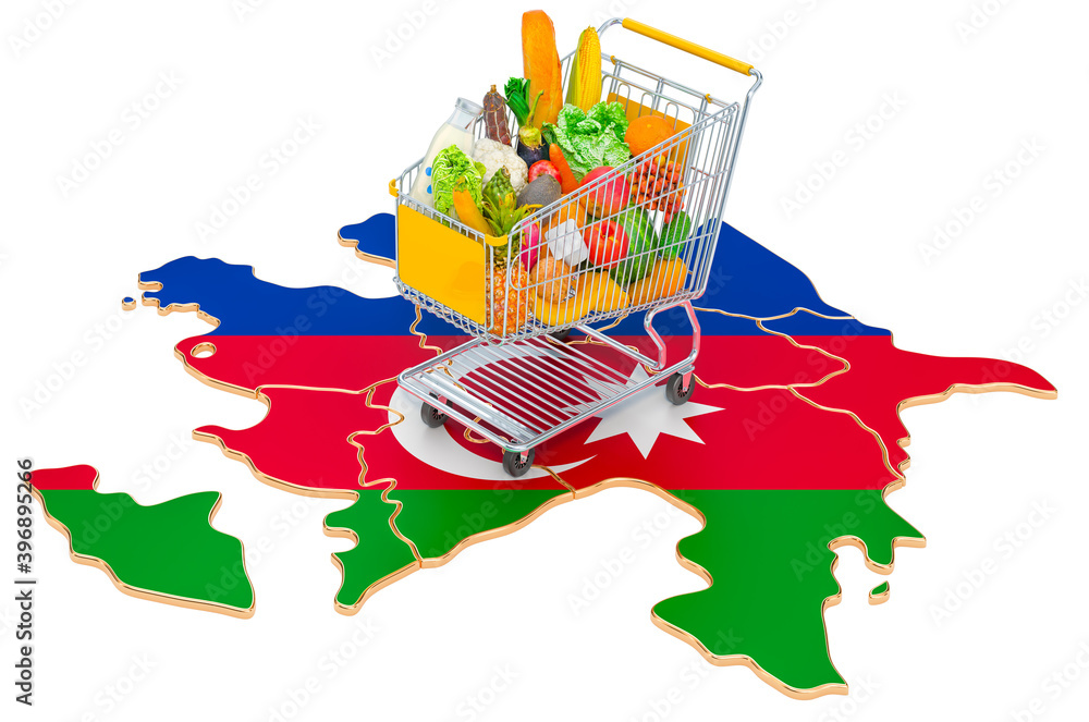 Poster purchasing power in azerbaijan concept. shopping cart with azerbaijani map, 3d rendering