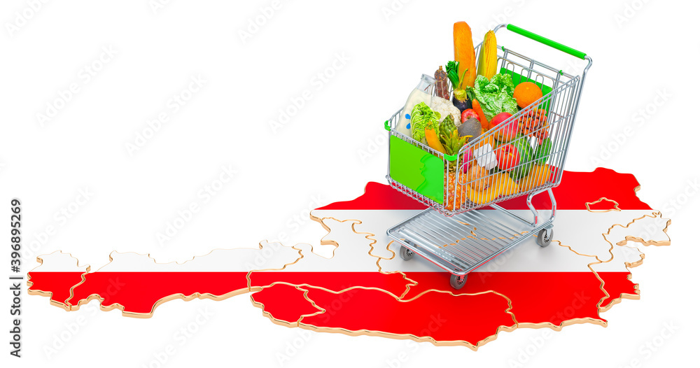 Poster purchasing power in austria concept. shopping cart with austrian map, 3d rendering