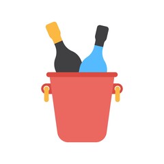 Bottles of champagne or wine in a bucket. New Year celebration, holiday concept icon. Vector illustration.