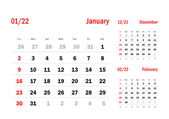 Calendar Grid Set. JANUARY PAGE. 12 Months 2022  English 