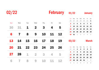 Calendar Grid Set. FEBRUARY PAGE. 12 Months 2022  Quarterly Calendar English 
