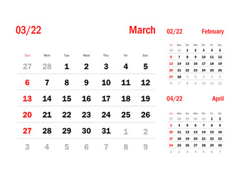 Calendar Grid Set. MARCH PAGE. 12 Months 2022  Quarterly Calendar English 
