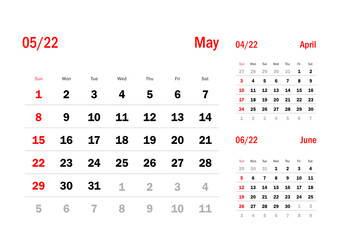 Calendar Grid Set. MAY PAGE. 12 Months 2022  Quarterly Calendar English 