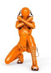 cyber soldier female crouching with arms in x