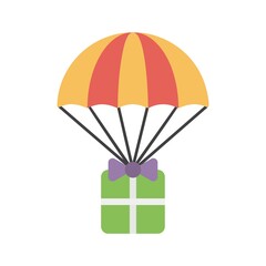 Christmas, New Year gift delivery concept icon. Flat design colored vector illustration of gift boxes flying down from sky with parachute.