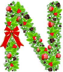 Letter N with decoration for Christmas design and New Year with spruce tree and holly red berries. Creative initial N letter vector. Creative Design vector Font for Title, Header, Lettering, Logo