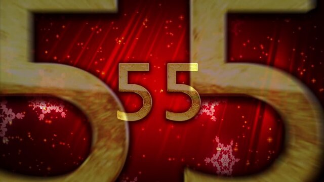 60 second Gold countdown to 2021 with red background and snowflakes