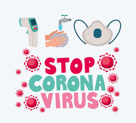 stop corona virus lettering in color with safety mask and faucet