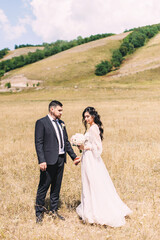 Wedding couple in luxurious clothes on the background of natural landscape