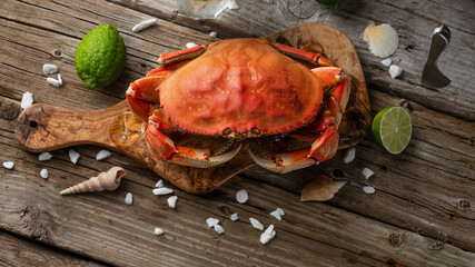 Tasty cooked crab served with lime and seashells on rustic wooden background. Delicious meal. Seafood concept. View from above.