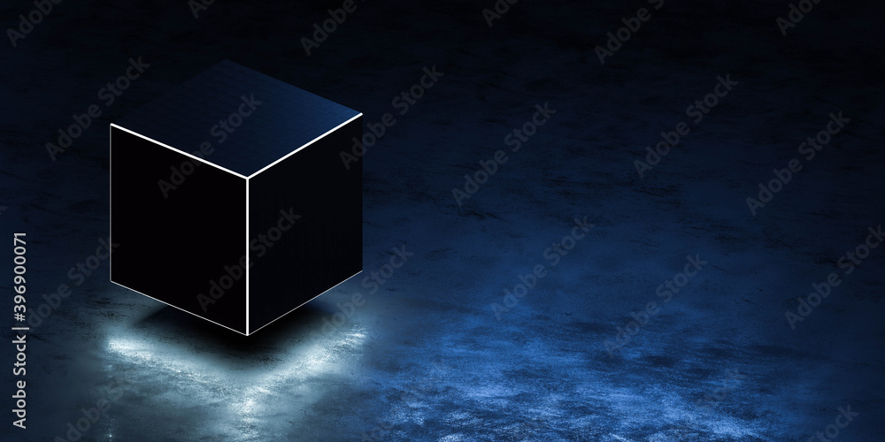 Poster abstract cube geometric object flying over dark concrete surface 3d render illustration