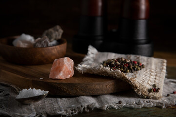 
Salt and pepper on wooden rustic table