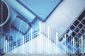 Double exposure of forex graph drawing over desktop background with computer. Concept of financial analysis. Top view.