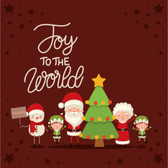 set of christmas characters and joy the world lettering on red background