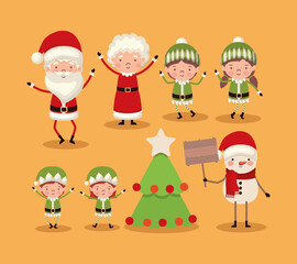 set of christmas characters on orange background