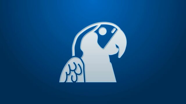 White line Macaw parrot bird animal icon isolated on blue background. Animal symbol. 4K Video motion graphic animation.