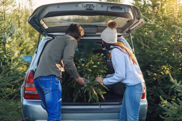Lovely cheerful young couple putting into car trunk beautiful fir tree at Christmas tree plantings,...