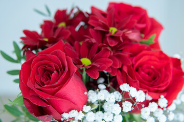 bouquet of flowers. red roses and red daisies
