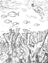 Fototapeta na wymiar Snorkeler and Elkhorn Corals in Biscayne National Park Woodcut Black and White