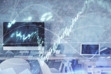 Multi exposure of financial graph drawing and office interior background. Concept of market...