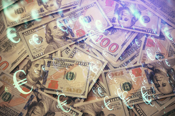 Multi exposure of forex chart drawing over us dollars bill background. Concept of financial success markets.