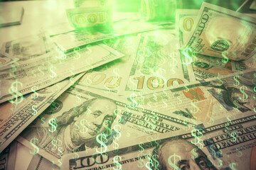 Multi exposure of forex chart drawing over us dollars bill background. Concept of financial success markets.