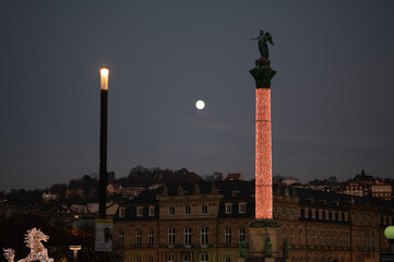 public Christmas decoration, light on statues of horse, and Jubiläumssäule on the public palace...
