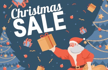Christmas sale vector flat banner design with text. Santa Claus holding gift box. Decorated Christmas trees with garlands, stars and balls on dark background. Seasonal sale poster template.