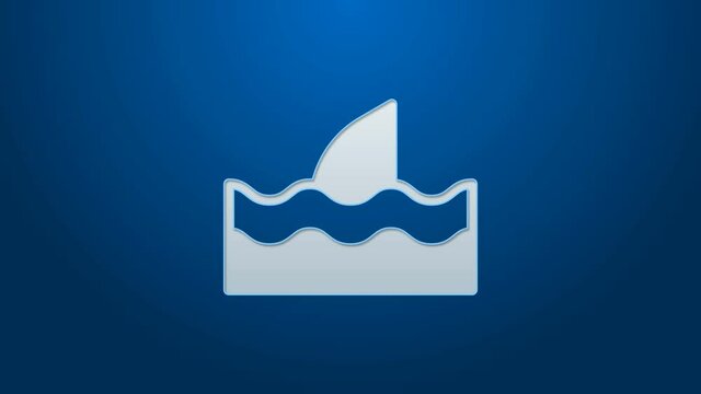 White line Shark fin in ocean wave icon isolated on blue background. 4K Video motion graphic animation.