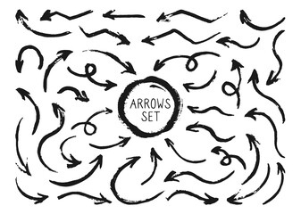 Painted arrows ink black, hand drawing set. Silhouette grunge pointer collection. Various curved, arched artistic uneven arrow shapes cursor. Vector signpost drawing drop design elements