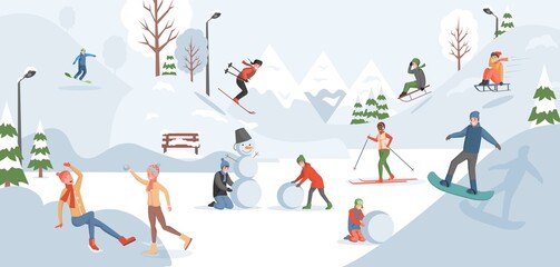 Happy smiling people at winter Christmas holidays vector flat illustration. Men and women in warm winter clothes spending time at winter park, skiing, snowboarding, making snowman, playing snowballs.
