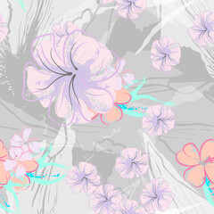 Pink Flowers Blooming Pattern. Pastel Watercolor.