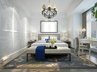 3d render of modern minimalist hotel room, bedroom