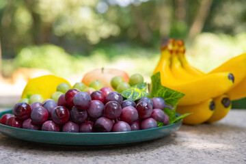 side view artificial fruits in the outdoor horizontal composition