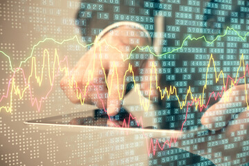 Multi exposure of man's hands holding and using a phone and financial chart drawing. Market analysis concept.