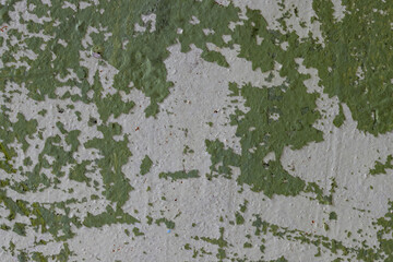 Green peeling paint on the wall. Old concrete wall with cracked flaking paint. Weathered rough painted surface with patterns of cracks and peeling. High resolution texture for background and design.